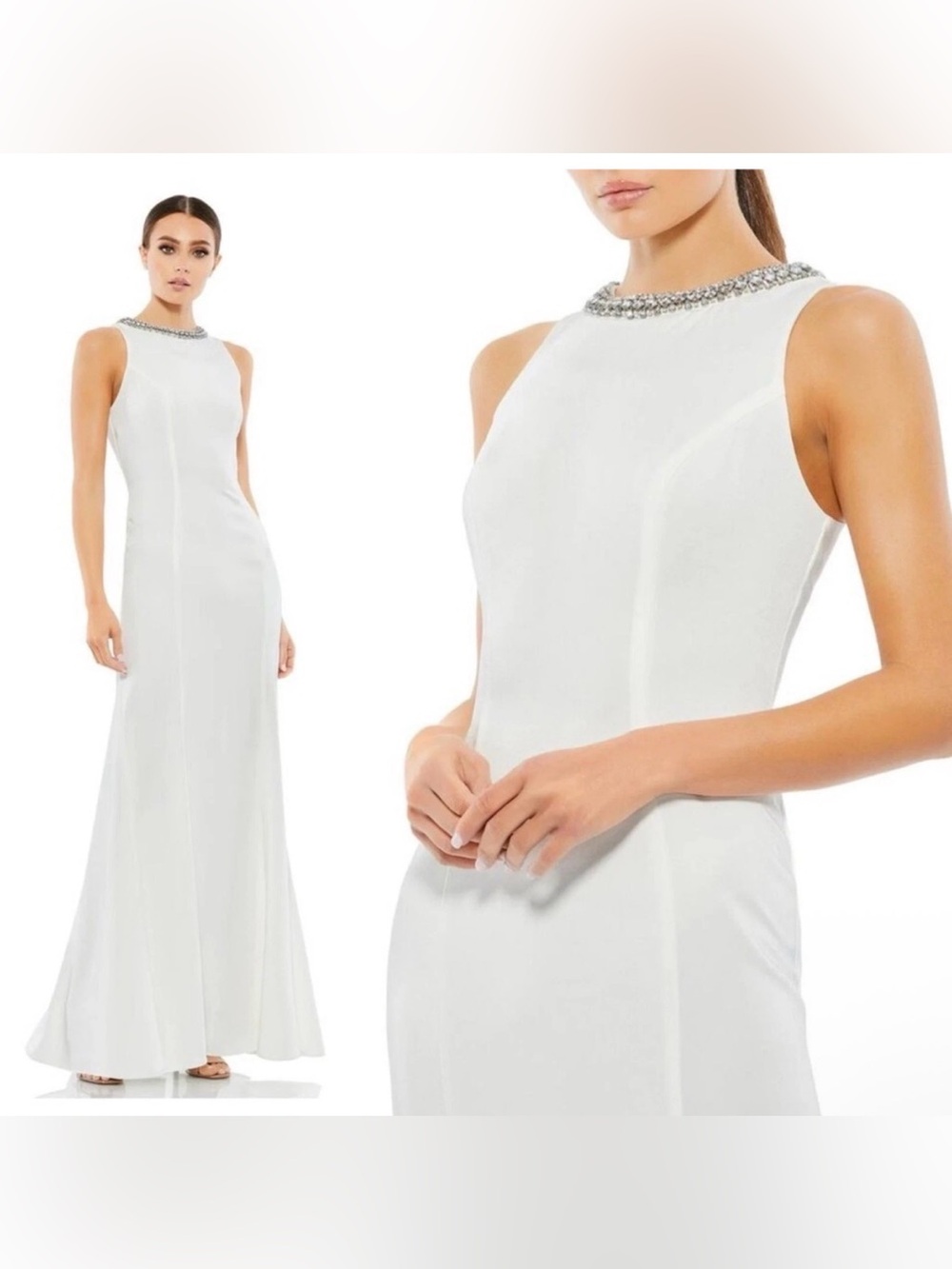 IEENA FOR MAC DUGGAL 49093 Embellished Rhinestone Neck Trumpet Gown White 2 NEW